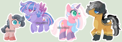 Size: 1192x418 | Tagged: safe, artist:stormcloud-yt, clear sky, quibble pants, wind sprint, oc, oc:dialect, pony, unicorn, g4, base used, colt, female, flying, foal, green background, male, mare, offspring, older, older wind sprint, outline, parent:clear sky, parent:quibble pants, parents:quibblesky, redesign, ship:quibblesky, shipping, simple background, stallion, straight, white outline