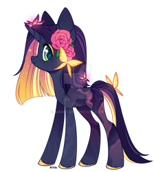 Size: 1024x1145 | Tagged: safe, artist:miioko, oc, oc only, pony, unicorn, deviantart watermark, female, flower, flower in hair, mare, obtrusive watermark, rose, smiling, solo, watermark