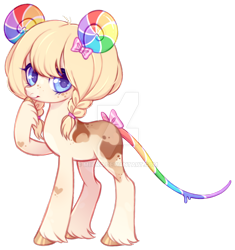 Size: 1024x1091 | Tagged: safe, artist:miioko, oc, oc only, earth pony, pony, bow, candy, deviantart watermark, earth pony oc, food, hair bow, leonine tail, lollipop, obtrusive watermark, raised hoof, simple background, smiling, solo, tail, tail wrap, transparent background, watermark