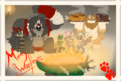 Size: 2401x1600 | Tagged: safe, artist:sanyo2100, oc, oc:barkus, diamond dog, burning, card, christmas, christmas card, fire, hearth's warming, holiday, tree