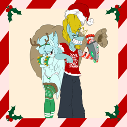 Size: 1600x1600 | Tagged: safe, artist:sanyo2100, oc, oc only, oc:maelstrom (sanyo2100), oc:tech gear, pegasus, anthro, antlers, big breasts, breasts, candy, candy cane, card, christmas, christmas card, clothes, duo, female, food, holiday, jingle bells, lingerie, male, mare, reindeer antlers, robotic arm, sack, sharp teeth, socks, stallion, teeth, thigh highs