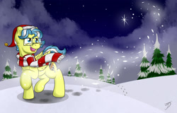 Size: 2500x1600 | Tagged: safe, artist:takutanuvataio, oc, oc only, pegasus, pony, christmas, clothes, glasses, hat, holiday, santa hat, scarf, snow, solo, stars, striped scarf, tree, winter
