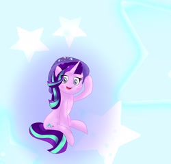 Size: 2048x1962 | Tagged: safe, artist:zeon_starlight, starlight glimmer, pony, unicorn, g4, accessory theft, clothes, eye clipping through hair, female, hat, horn, mare, raised hoof, sitting, solo, starlight wearing trixie's hat, starry background, starry eyes, trixie's hat, wingding eyes