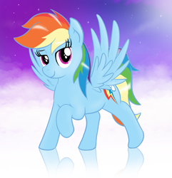 Size: 1291x1337 | Tagged: safe, artist:eels, rainbow dash, pegasus, pony, g4, female, full body, hooves, lidded eyes, mare, raised hoof, smiling, solo, spread wings, standing, wings