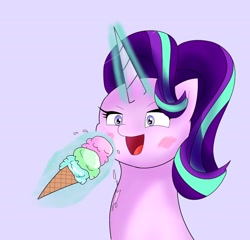 Size: 2048x1962 | Tagged: safe, artist:zeon_starlight, starlight glimmer, pony, unicorn, g4, bust, female, food, horn, ice cream, magic, magic aura, mare, open mouth, portrait, simple background, solo, starry eyes, telekinesis, wingding eyes