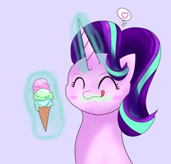 Size: 2048x1962 | Tagged: safe, artist:zeon_starlight, starlight glimmer, pony, unicorn, g4, bust, cute, eyes closed, female, food, glimmerbetes, heart, horn, ice cream, magic, magic aura, mare, portrait, simple background, solo, telekinesis, thought bubble, tongue out