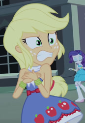 Size: 1250x1811 | Tagged: safe, screencap, applejack, rarity, equestria girls, g4, my little pony equestria girls, bare shoulders, cropped, fall formal outfits, sleeveless, strapless