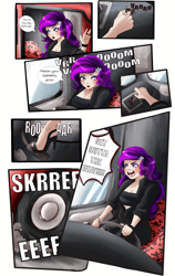 Size: 2400x3800 | Tagged: safe, artist:sjmarts, rarity, human, equestria girls, g4, bus, clothes, comic, comic page, crossover, driving, high heels, high res, humanized, pedal, road rage, seat, shoes, solo, spice girls, spice world, steering wheel, stiletto heels