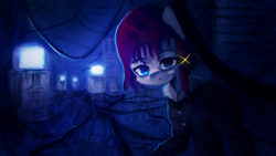 Size: 1920x1080 | Tagged: safe, artist:menalia, pony, cable, cables, clothes, computer, dark room, female, glowing, hairclip, hoodie, lain iwakura, looking at you, ponified, serial experiments lain, solo, wallpaper, wires