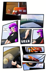 Size: 2400x3800 | Tagged: safe, artist:sjmarts, rarity, human, equestria girls, g4, bridge, bus, clothes, comic, comic page, crossover, driving, high heels, high res, humanized, jumping, pedal, road rage, seat, shoes, solo, speedometer, spice girls, spice world, steering wheel, stiletto heels