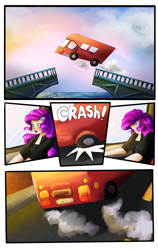 Size: 2400x3800 | Tagged: safe, artist:sjmarts, rarity, human, equestria girls, g4, bridge, bus, clothes, comic, comic page, crossover, driving, high res, humanized, jumping, road rage, seat, solo, spice girls, spice world, steering wheel