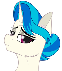 Size: 3480x3981 | Tagged: safe, artist:justapone, dj pon-3, vinyl scratch, pony, unicorn, g4, alternate hairstyle, bust, cheek fluff, classy, colored, colored lineart, colored pupils, digital art, ear fluff, februpony, female, high res, looking at you, out of character, personality swap, sad, simple background, solo, vinyl class, white background