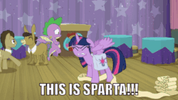 Size: 640x360 | Tagged: safe, edit, edited screencap, screencap, doctor whooves, matilda, spike, time turner, twilight sparkle, alicorn, dragon, pony, a trivial pursuit, g4, season 9, 300, animated, bag, caption, faic, female, floppy ears, image macro, insanity, mare, maximum overnerd, meme, ragelight sparkle, saddle bag, scroll, text, this is sparta, this is trivia trot, twilight snapple, twilight sparkle (alicorn), twilight sparkle is best facemaker, twilighting, twilynanas, winged spike, wings