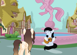 Size: 1126x795 | Tagged: safe, artist:cindystarlight, oc, oc only, oc:cindy, oc:lucy ghost, pegasus, pony, butt, female, fountain, guitar, mare, musical instrument, plot