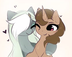 Size: 2745x2175 | Tagged: safe, artist:magnaluna, oc, oc only, oc:buttercup shake, pegasus, pony, unicorn, duo, eyebrows, eyebrows visible through hair, female, heart, high res, horn, hug, mare, one eye closed, pegasus oc, smiling, unicorn oc