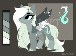 Size: 2746x2030 | Tagged: safe, artist:magnaluna, oc, oc only, pegasus, pony, abstract background, adoptable, chest fluff, coat markings, colored hooves, ear fluff, eyelashes, full body, hair over one eye, high res, hooves, pegasus oc, reference sheet, signature, socks (coat markings), solo, watermark, wings