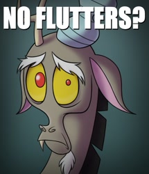 Size: 667x776 | Tagged: safe, artist:syscod, discord, draconequus, g4, bust, frown, implied fluttershy, male, meme, no bitches?, simple background, solo