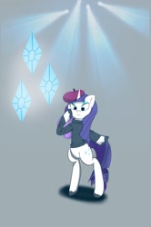 Size: 1357x2048 | Tagged: safe, artist:zeon_starlight, rarity, pony, unicorn, g4, beatnik rarity, beret, bipedal, clothes, female, gray background, hat, horn, mare, simple background, solo, standing on two hooves, sweater