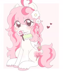 Size: 1669x1902 | Tagged: safe, artist:ginmaruxx, oc, oc only, earth pony, pony, candy, commission, cute, earth pony oc, eye clipping through hair, female, flower, flower in hair, food, heart, lollipop, looking at you, mare, mouth hold, ocbetes, sitting, solo
