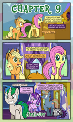 Size: 1920x3169 | Tagged: safe, artist:alexdti, applejack, fluttershy, starlight glimmer, oc, oc:brainstorm (alexdti), oc:purple creativity, oc:star logic, earth pony, pegasus, pony, unicorn, comic:quest for friendship, g4, :p, applejack's hat, comic, cowboy hat, dialogue, female, folded wings, freckles, glowing, glowing horn, grin, hat, high res, hooves, horn, indoors, looking at someone, male, mare, offscreen character, open mouth, open smile, outdoors, pegasus oc, raised hoof, raised leg, shadow, smiling, speech bubble, stallion, standing, tail, tongue out, twilight's castle, two toned mane, two toned tail, unicorn oc, walking, wall of tags, wings, yelling