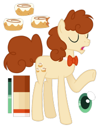 Size: 1000x1242 | Tagged: safe, artist:monochrome-sunsets, oc, oc only, earth pony, pony, bowtie, brown mane, brown tail, earth pony oc, eyes closed, full body, hooves, male, offspring, open mouth, parent:cheese sandwich, parent:pinkie pie, parents:cheesepie, raised hoof, reference sheet, show accurate, simple background, solo, stallion, standing, tail, transparent background