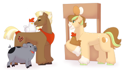 Size: 1280x732 | Tagged: safe, artist:itstechtock, oc, oc only, oc:chicken coop, oc:stoutheart, bird, chicken, earth pony, pig, pony, male, offspring, parent:ms. peachbottom, simple background, stallion, transparent background