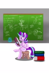 Size: 1357x2048 | Tagged: safe, artist:zeon_starlight, phyllis, starlight glimmer, pony, unicorn, g4, book, chalkboard, coffee, crossed hooves, crossed legs, female, hoof hold, horn, looking at something, magic, magic aura, mare, mug, philodendron, plant, potted plant, reading, sitting, solo, stool, telekinesis