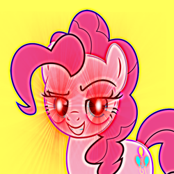 Size: 2048x2048 | Tagged: artist needed, safe, pinkie pie, earth pony, pony, g4, eye beams, female, grin, high res, lidded eyes, mare, meme, mr. incredible becoming canny, pinkie pie becoming canny, ponified meme, raised eyebrow, simple background, smiling, solo, yellow background