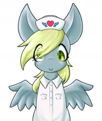 Size: 1600x1900 | Tagged: safe, artist:zemlya, derpy hooves, pegasus, pony, g4, cute, derp, derpabetes, eye clipping through hair, female, hat, heart, looking at you, mare, nurse hat, nurse outfit, simple background, solo, spread wings, white background, wings