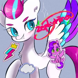 Size: 2048x2048 | Tagged: safe, artist:veryjelly123, pipp petals, zipp storm, pegasus, pony, g5, aside glance, chest fluff, cloud, colored wings, cutie mark, duo, duo female, female, grin, high res, looking at you, mare, multicolored wings, name, raised hoof, slender, smiling, spread wings, thin, wings