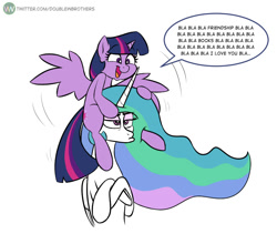 Size: 884x746 | Tagged: safe, artist:doublewbrothers, princess celestia, twilight sparkle, alicorn, pony, g4, annoyed, blah blah blah, celestia is not amused, crossed arms, cute, duo, ethereal mane, female, happy, horse riding a horse, mare, missing accessory, on head, ponies riding ponies, riding, simple background, speech bubble, spread wings, teacher and student, twiabetes, twilight riding celestia, twilight sparkle (alicorn), unamused, white background, wiggling, wings