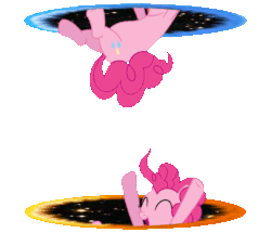Size: 813x700 | Tagged: safe, artist:batmanbrony, pinkie pie, earth pony, pony, g4, ^^, animated, eyes closed, falling, female, gif, hooves, loop, mare, now you're thinking with portals, open mouth, open smile, pinkie being pinkie, portal, portal (valve), simple background, smiling, solo, tail, transparent background
