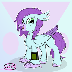 Size: 3000x3000 | Tagged: safe, artist:solos, oc, oc only, oc:aella breeze, hippogriff, fallout equestria, beak, braid, female, folded wings, freckles, high res, hippogriff oc, hooves, pipbuck, smiling, solo, talons, wings