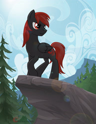 Size: 2153x2786 | Tagged: safe, artist:firestormdangerdash, oc, oc only, oc:firestorm, pegasus, pony, day, folded wings, forest, high res, hooves, looking back, male, pegasus oc, pine tree, red and black oc, solo, stallion, standing, tail, tree, wings
