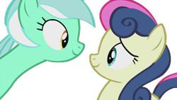 Size: 1280x720 | Tagged: safe, edit, edited screencap, screencap, bon bon, lyra heartstrings, sweetie drops, earth pony, pony, unicorn, g4, season 5, slice of life (episode), background removed, duo, duo female, eye contact, female, looking at each other, looking at someone, mare, not a vector, simple background, smiling, transparent background, two toned mane