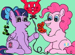 Size: 2294x1700 | Tagged: safe, artist:puffydearlysmith, pinkie pie, twilight sparkle, alicorn, earth pony, pony, g4, alternate hairstyle, balloon, balloon animal, bow, chest fluff, chubby, female, hair bow, hair bun, lesbian, mare, open mouth, open smile, ship:twinkie, shipping, smiling, twilight sparkle (alicorn)