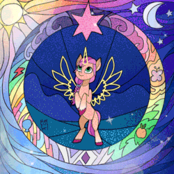 Size: 500x500 | Tagged: safe, artist:rumista, sunny starscout, alicorn, earth pony, pony, g5, my little pony: a new generation, animated, artificial alicorn, artificial wings, augmented, element of generosity, element of honesty, element of kindness, element of laughter, element of loyalty, element of magic, elements of harmony, female, looking up, loop, magic, magic wings, mare, perfect loop, race swap, solo, stained glass, sunnycorn, wings