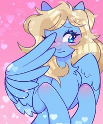 Size: 1619x1943 | Tagged: safe, artist:honeycrows, oc, oc:lusty symphony, pegasus, pony, blushing, chest fluff, cute, female, heart, mare, ocbetes, one eye closed, pegasus oc, simple background, solo, wing hands, wings