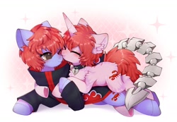 Size: 2000x1386 | Tagged: safe, artist:snow angel, oc, oc only, pony, unicorn, akatsuki, clothes, cuddling, cute, duo, eyes closed, fluffy, horn, lying down, lying on top of someone, naruto, ocbetes, one eye closed, ponified, sasori