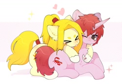 Size: 1200x832 | Tagged: safe, artist:snow angel, oc, oc only, earth pony, pony, unicorn, ><, cuddling, cute, duo, eyes closed, heart, horn, lying down, lying on top of someone, ocbetes, one eye closed, sparkles, tongue out, underhoof