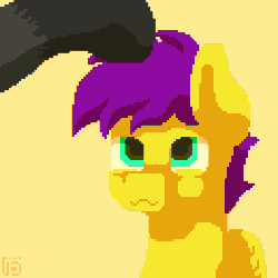 Size: 600x600 | Tagged: safe, artist:vohd, oc, oc only, oc:ex, oc:yellow jack, pegasus, pony, :3, animated, blinking, bust, closed mouth, feathered wings, folded wings, gif, green eyes, head pat, pat, pegasus wings, pixel art, purple mane, simple background, stroking, wings, yellow background, yellow coat