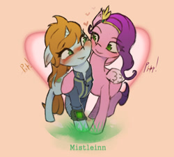 Size: 1485x1341 | Tagged: safe, artist:mistleinn, pipp petals, oc, oc:littlepip, pegasus, pony, unicorn, fallout equestria, g5, blushing, canon x oc, circlet, clothes, crossover, female, floppy ears, folded wings, heart, hoof around neck, hug, jumpsuit, lesbian, looking at each other, looking at someone, mare, name, namesake, pipbuck, pun, ship:pipp pip, shipping, smiling, squishy cheeks, standing, vault suit, visual pun, wings