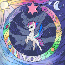 Size: 630x630 | Tagged: safe, artist:rumista, zipp storm, pegasus, pony, g5, my little pony: a new generation, animated, colored wings, concave belly, cutie mark, element of generosity, element of honesty, element of kindness, element of laughter, element of loyalty, element of magic, elements of harmony, flying, lightning, loop, moon, multicolored wings, perfect loop, slender, smiling, solo, sparkles, stained glass, storm, stormcloud, sun, thin, wings