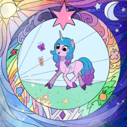 Size: 630x630 | Tagged: safe, artist:rumista, izzy moonbow, butterfly, pony, unicorn, g5, my little pony: a new generation, animated, cute, element of generosity, element of honesty, element of kindness, element of laughter, element of loyalty, element of magic, elements of harmony, female, flower, flying, grass, izzybetes, loop, mare, moon, perfect loop, solo, sparkles, stained glass, sun, trotting