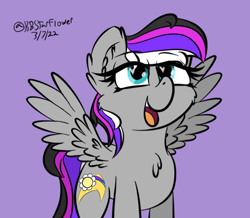 Size: 488x426 | Tagged: safe, artist:lunastaralight, oc, oc only, pegasus, pony, cheek fluff, chest fluff, ear fluff, eye clipping through hair, eyebrows, eyebrows visible through hair, eyelashes, heart eyes, lidded eyes, multicolored mane, open mouth, open smile, pegasus oc, purple background, signature, simple background, smiling, solo, spread wings, wingding eyes, wings