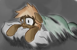 Size: 900x588 | Tagged: safe, artist:muggyheatwave, oc, oc:forty winks, pony, 2012, bed, blanket, floppy ears, frown, insomnia, lying down, lying on bed, on bed, pillow, prone, solo