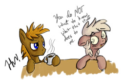 Size: 900x591 | Tagged: safe, artist:muggyheatwave, oc, oc only, oc:forty winks, oc:frumplebean, pony, 2013, coffee, coffee mug, drinking, duo, insomnia, looking at each other, looking at someone, mug, sleepy, table, tired