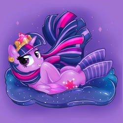 Size: 2000x2000 | Tagged: safe, artist:mediocremare, twilight sparkle, alicorn, pony, clothes, crown, female, jewelry, lidded eyes, looking at you, lying down, mare, on back, purple background, regalia, shiny, simple background, socks, solo, striped socks, twilight sparkle (alicorn)
