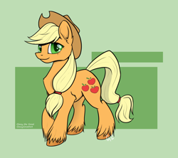 Size: 1350x1200 | Tagged: safe, artist:glassygreatart, applejack, earth pony, pony, g4, abstract background, applejack's hat, cowboy hat, ear fluff, female, full body, hat, hooves, mare, signature, smiling, solo, standing, tail, unshorn fetlocks