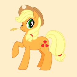 Size: 2000x2000 | Tagged: safe, artist:mediocremare, applejack, earth pony, pony, g4, applejack's hat, cowboy hat, cute, female, freckles, full body, hat, high res, hooves, jackabetes, looking at you, mare, one eye closed, raised hoof, simple background, smiling, solo, standing, straw in mouth, tail, tan background